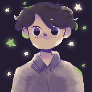 A drawing of me with black hair, a tan button up, medium fair skin, & green & white stars glowing against a dark background.