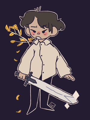 A drawing of me with a tan button up, short black hair, medium fair skin, a branch of yellow leaves behind me, holding a sword.