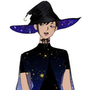 Me with a witch hat with stars under its rim & a starry sheer shawl over a black short sleeve. The background has stars as well.